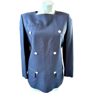 80s Navy Reverse Blazer Top w/ White Buttons Back Zip Structured Sz 10
